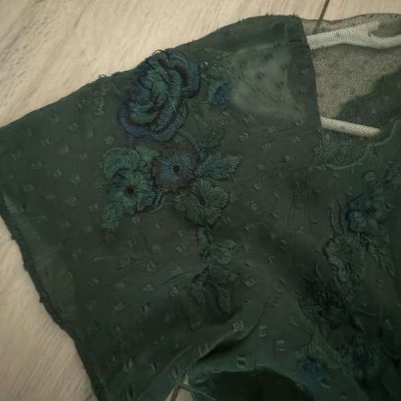 Zara Trafaluc Blouse sz Medium Green Embroidered Ruffle Peplum Top Short Sleeves - Picture 10 of 11